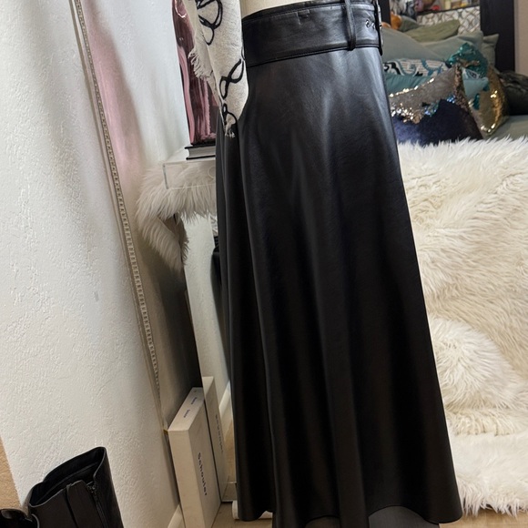 ZARA Black Belted Faux Leather A-Line Midi Skirt XL - Picture 3 of 10